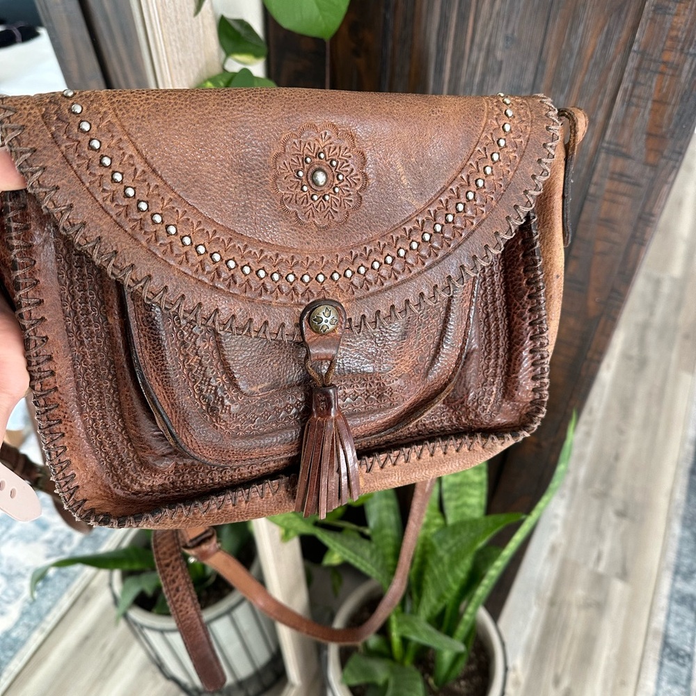 Patricia Nash Brown Crossbody Bag with Embossed Design and Leather Tassel